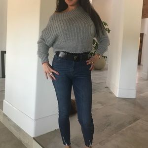 Gray sweater/ blouse; 75% acrylic and 25% mohair: